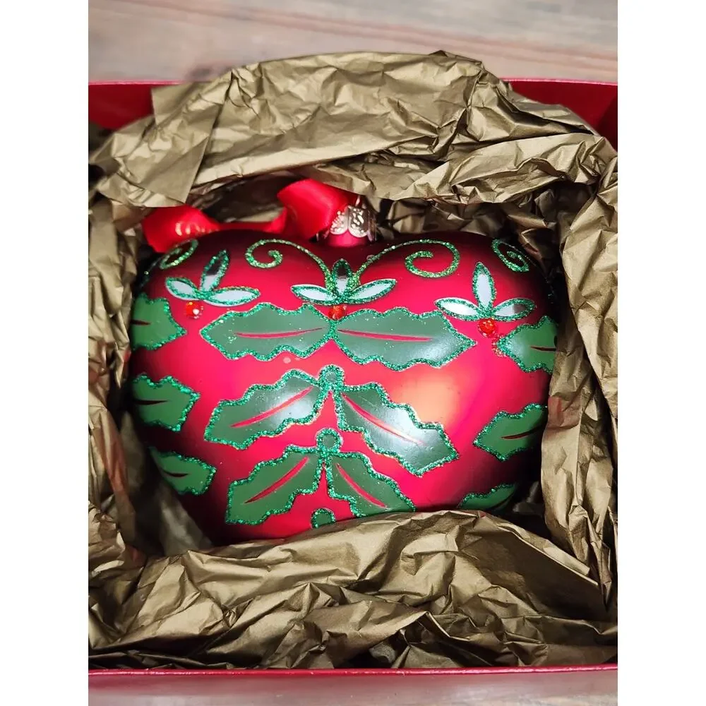 Waterford Ornamen Holiday Heirlooms Red Green Holly Jolly Heart Glass Christmas